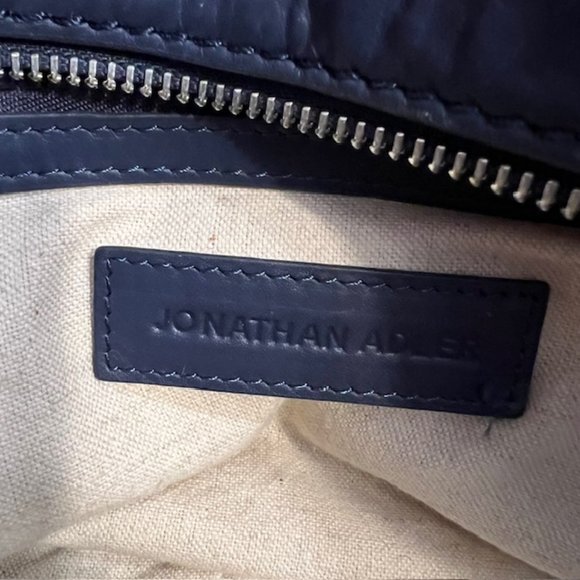 Jonathan Adler purse dark blue leather top handle geometric pattern tote - Picture 8 of 13